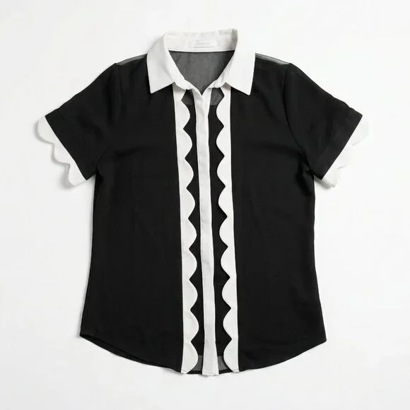 Anne Fontaine Black White Scalloped Mesh Sheer Center Blouse 38 US 6 - Picture 2 of 7
